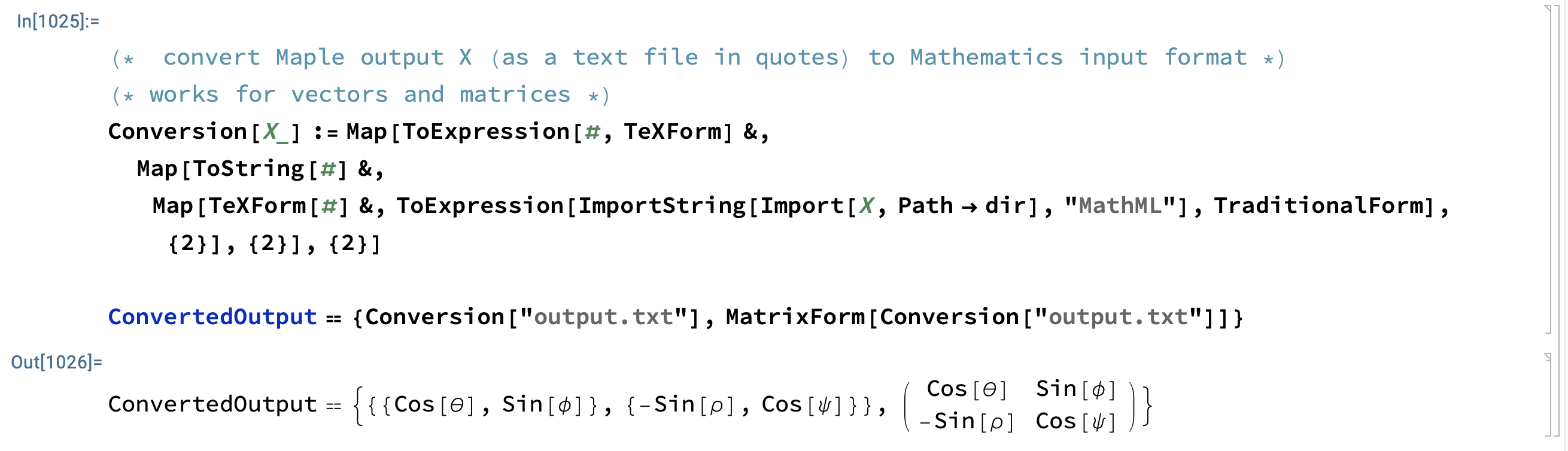 A General Conversion of Maple Output (expression, vector, or matrix) to Mathematica Input
