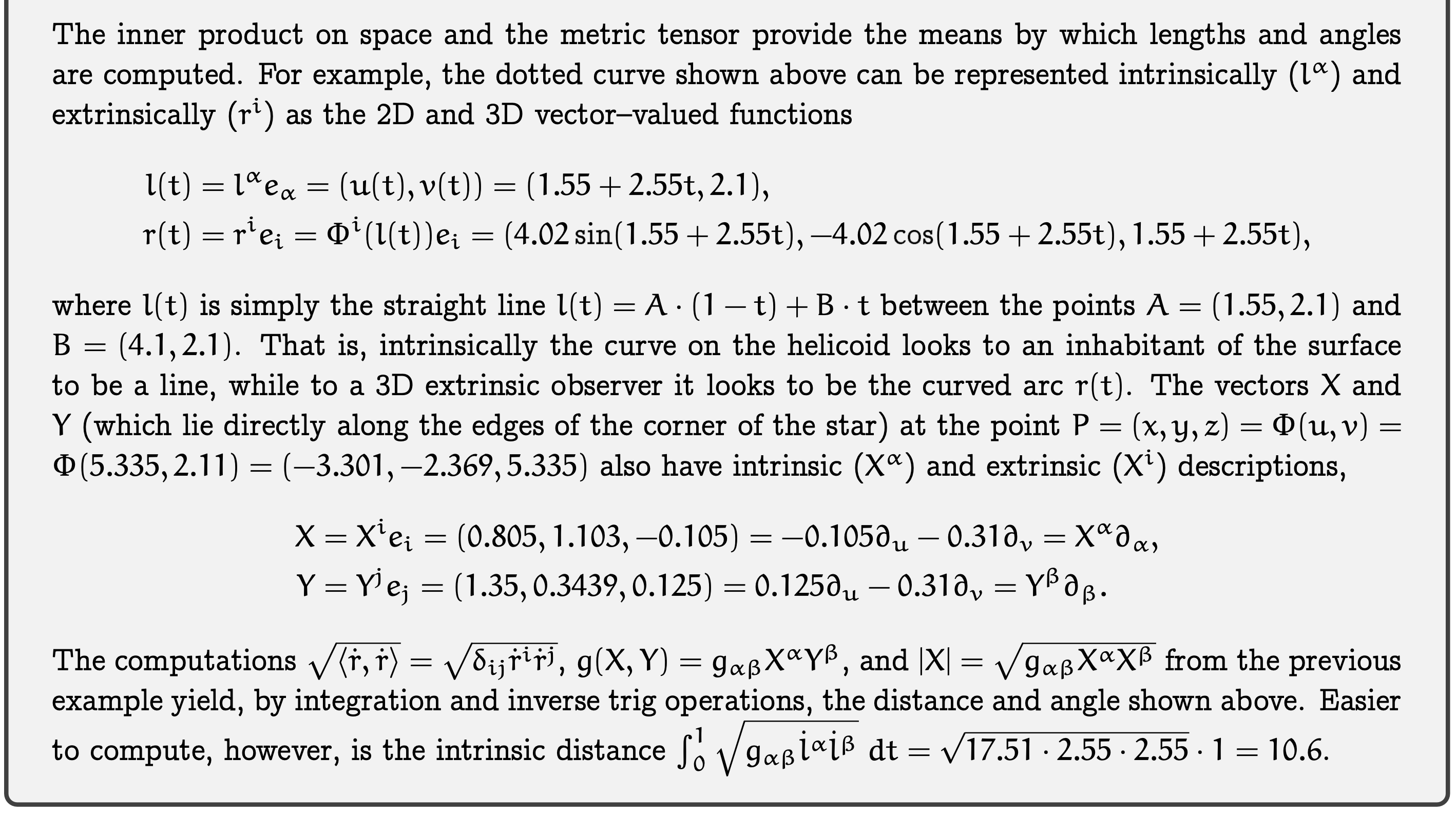Screenshots of Intrinsic Computations with the Metric Tensor. Details to follow in the additional resources (Apple Book, YouTube Video, etc.) to this post.