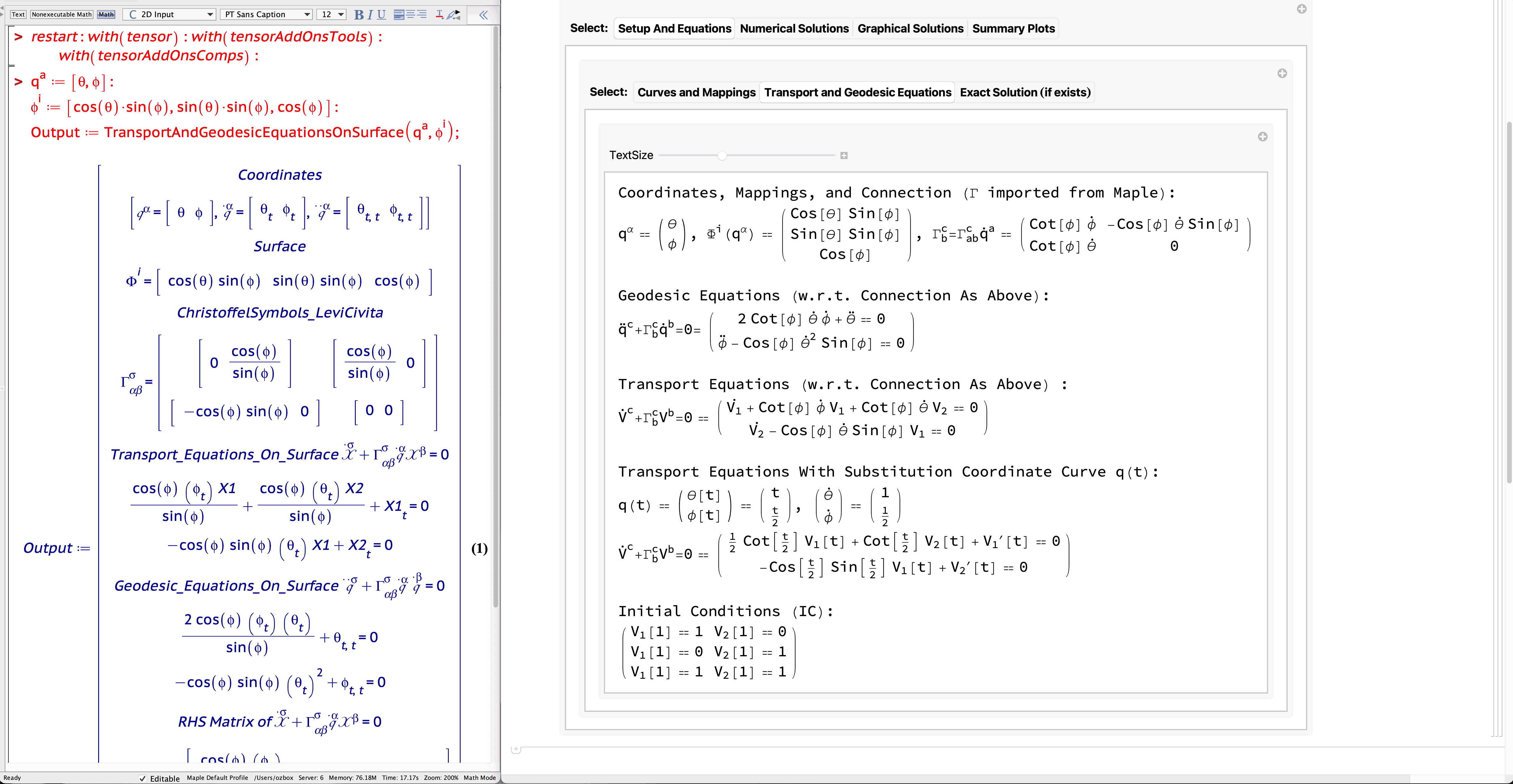 Output from Tensor Computations in Maple (MapleSoft, on left) Become the Input to Mathematica (Wolfram Research, on right) for Creating Geometric Plots